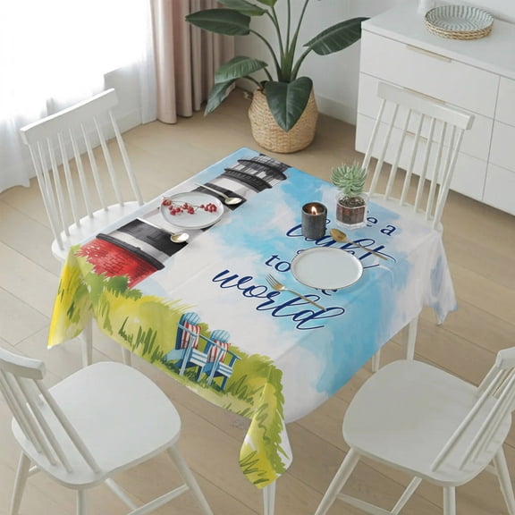 Nautical Lighthouse Blue Sky Cloud Table Cloth 54x54in, Waterproof Square Tablecloth Wipeable Tablecloths Watercolor Island Meadow Table Covers for Dining Tables Party Indoor Outdoor