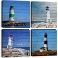 thumbnail image 1 of Nautical Lighthouse Canvas Wall Art Bathroom Decor Vintage Blue Ocean Landscape Prints Pictures Rustic Coastal Scenery Paintings for Bedroom Modern Home Office Decoration Framed Artwork 16x16 x4 Pcs, 1 of 6