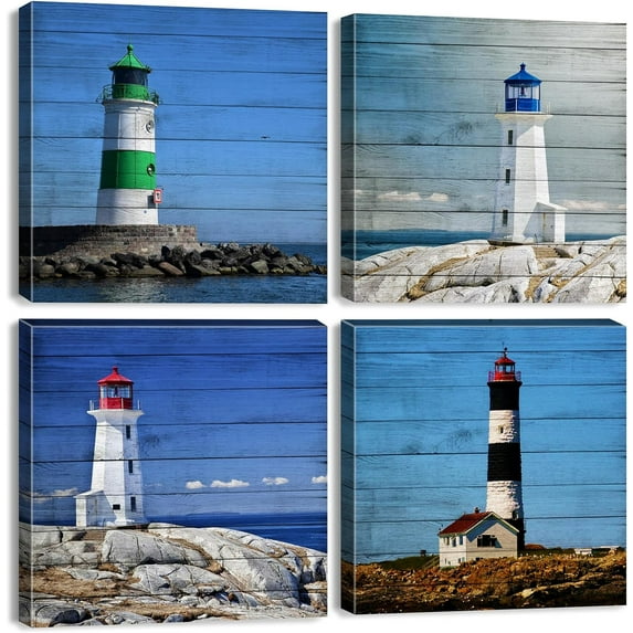 Nautical Lighthouse Canvas Wall Art Bathroom Decor Vintage Blue Ocean Landscape Prints Pictures Rustic Coastal Scenery Paintings for Bedroom Modern Home Office Decoration Framed Artwork 16x16 x4 Pcs