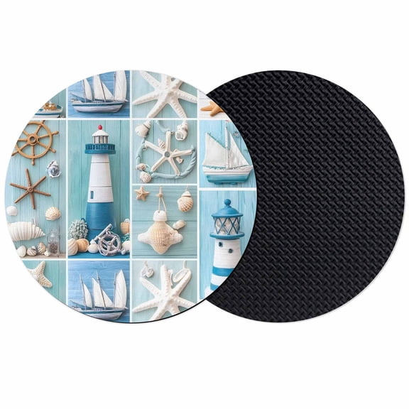 Nautical Lighthouse Coasters Set of 2, Ocean Starfish Anchor Sailboat Shell Absorbent Coasters for Drinks, Coaster for Bar Office Dining Coffee Table Accessories Decor, Non Slip Round Desk Coaster