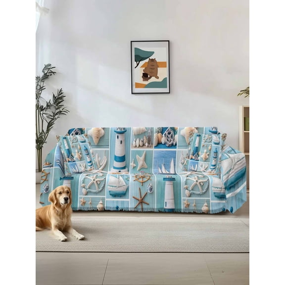 Nautical Lighthouse Couch Cover, Ocean Starfish Anchor Sailboat Shell Sofa Cover Blanket for 2 Seat Cushion,Sectional Sofa Slipcover Furniture Protector for Living Room Bedroom 71''x102''