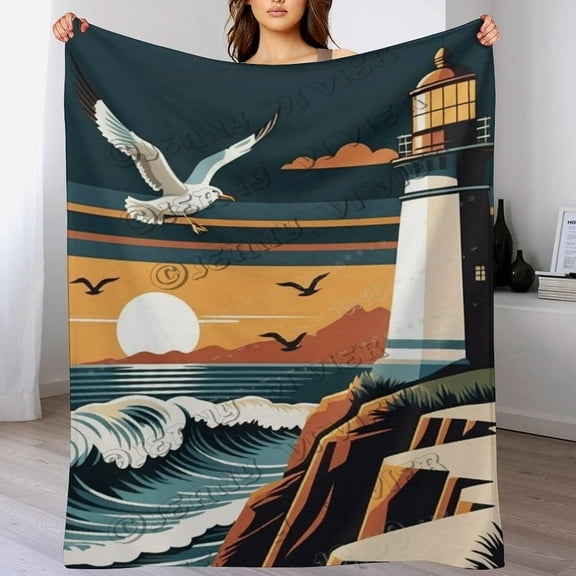 Nautical Lighthouse Fleece Blanket, Sea Wave and Seagull Theme Blanket,Decorative Sofa Blanket Throw Lightweight Plush Throw for Couch Travel Camping Outside Blanket 70"x80"