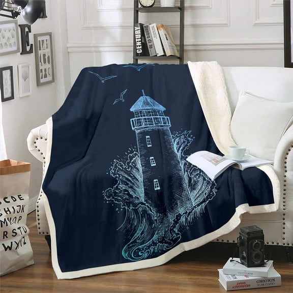 Nautical Lighthouse Fleece Blanket, Sea Wave Splash Spray Flying Birds Ocean Navigation Theme Hand Drawn Sherpa Blanket,Decorative Sofa Blanket Throw Lightweight, Baby 30"x40", Blue Black