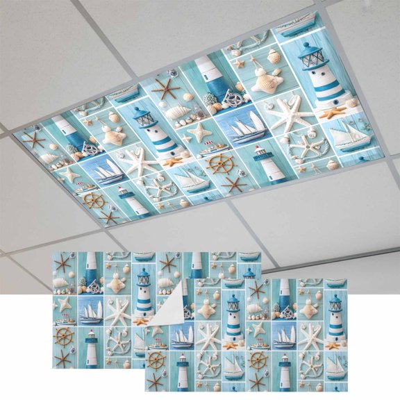 Nautical Lighthouse Fluorescent Light Covers, Ocean Starfish Anchor Sailboat Shell Magnetic Light Covers for Ceiling Lights, Fluorescent Ceiling Shade for Classroom Bedroom Office 4x2Ft x 2PCS