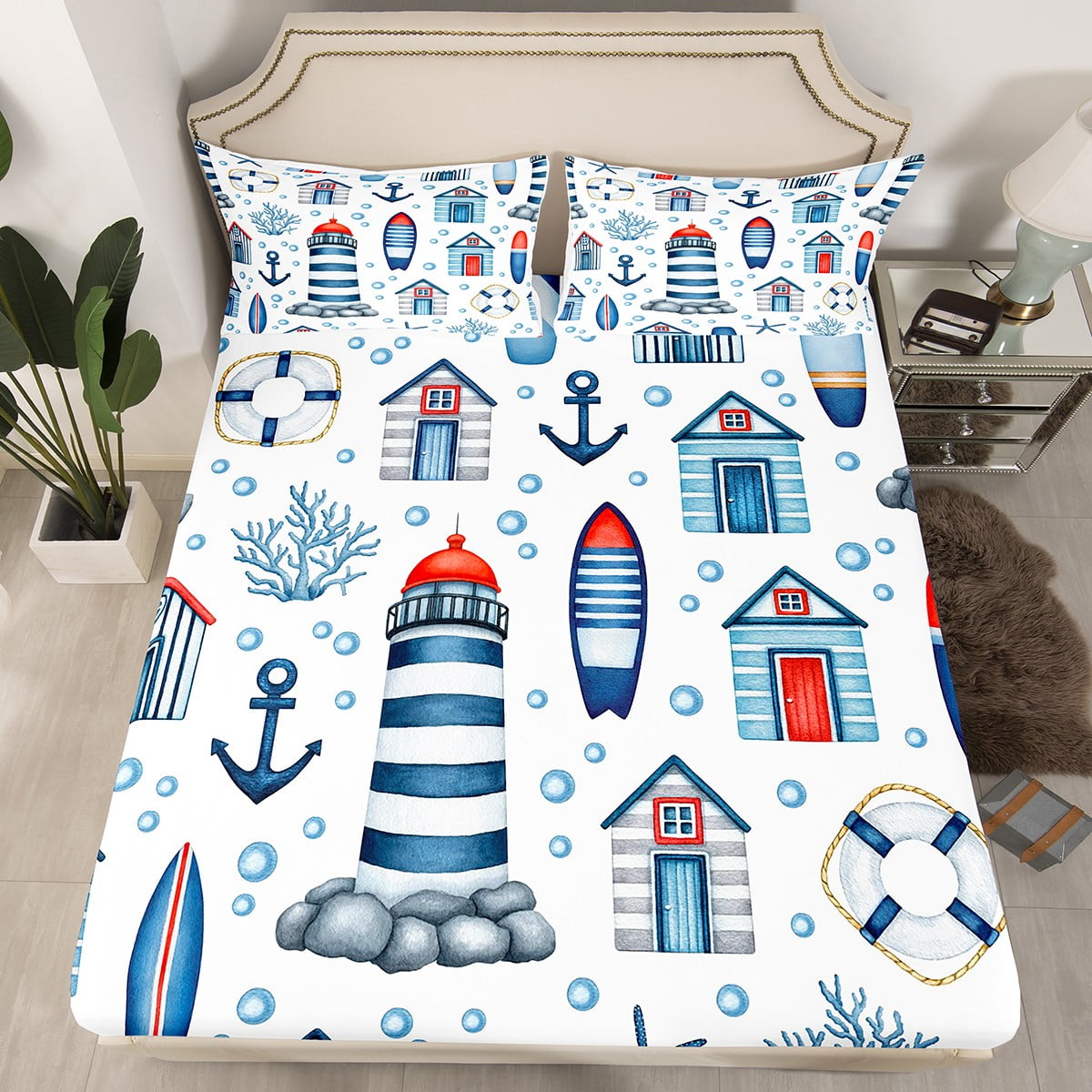 Nautical Lighthouse Full Bed Sheets for Boys,Lake House Bedding Set