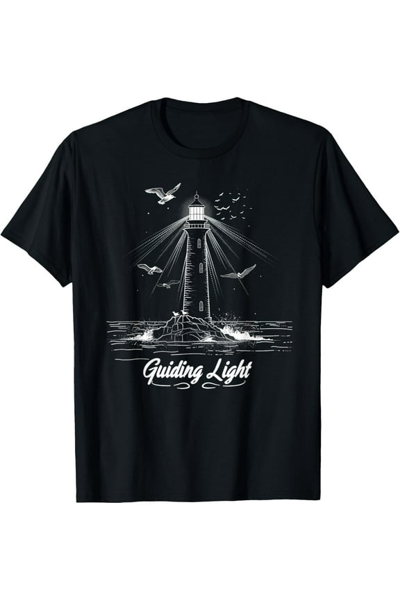 Nautical Lighthouse Guiding Light T-Shirt T-Shirt men and women can wear, black, white, gifts.