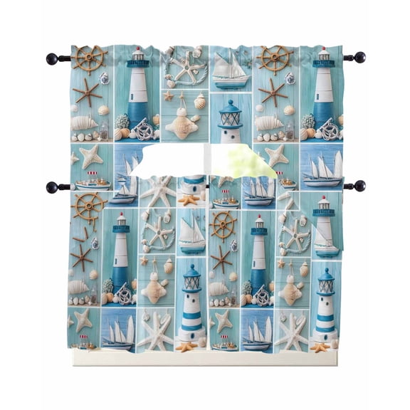 Nautical Lighthouse Kitchen Curtains Set for Windows 3 Piece Cafe Curtains 24 Inch Length Swag Curtains Valances and Tier Set Ocean Starfish Anchor Sailboat Shell Drapes for Bedroom Bathroom