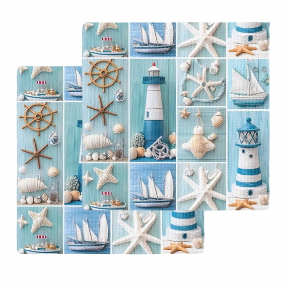 Nautical Lighthouse Kitchen Dish Towels for Drying Dishes Set of 2, Ocean Starfish Anchor Sailboat Shell Waffle Weave Microfiber Hand Tea Bathroom Towels Quick Dry & Absorbent Towel 12x12