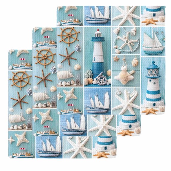 Nautical Lighthouse Kitchen Dish Towels for Drying Dishes Set of 3, Ocean Starfish Anchor Sailboat Shell Waffle Weave Microfiber Hand Tea Bathroom Towels Quick Dry & Absorbent Towel 12x12