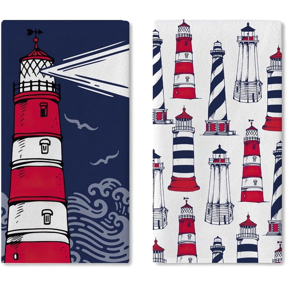 Nautical Lighthouse Kitchen Dish Towels Set of 2, Beach Coastal Sea Navy Blue Drying Hand Towel Baking Cooking Cloth, Ocean Seagull Sailor Bathroom Home Decoration 18'' x 26''