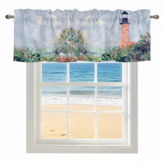 Nautical Lighthouse Kitchen Valances for Windows 42x12 Inch Kitchen Curtains Valances Rod Pocket Coastal Seaside Tree Herbs Painting Bathroom Window Valances for Window Treatment Decor