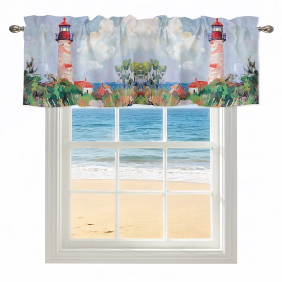 Nautical Lighthouse Kitchen Valances for Windows 60x18 Inch Kitchen Curtains Valances Rod Pocket Coastal Tree Ocean House Plants Bathroom Window Valances for Window Treatment Decor