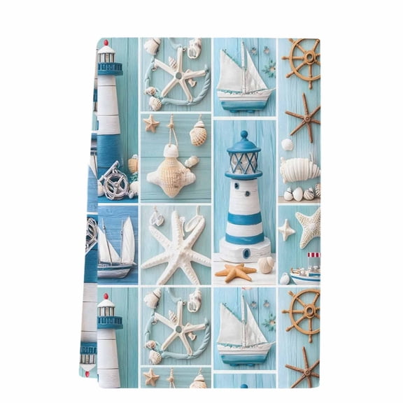 Nautical Lighthouse Microfiber Kitchen Towel, Ocean Starfish Anchor Sailboat Shell Soft Absorbent Dish Towels, Quick Drying Washable Dishcloths for Kitchen Cleaning, Drying Dishes, 18x28 Inches