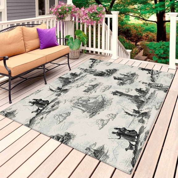 Nautical Lighthouse Outdoor Rug 6x9 Ft, Non Slip Washable Area Rug, Farmhouse Retro Ocean Ship Map Patio Rugs Carpet Runner, Large Floor Mat for Indoor/Outdoor Deck Porch Camping