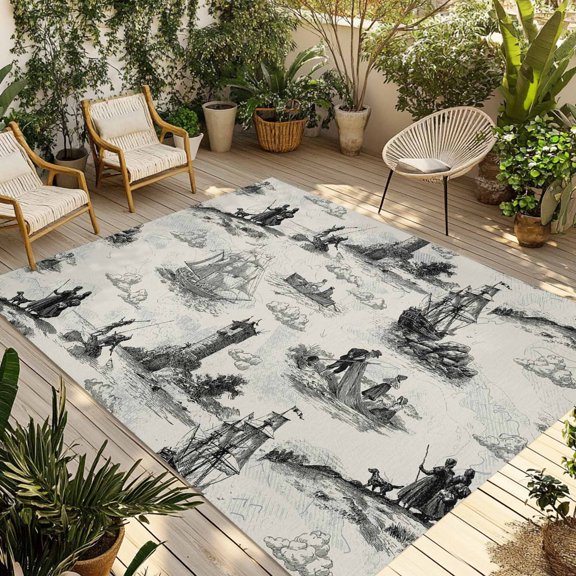 Nautical Lighthouse Outdoor Rug for Patio/Deck/Porch, Non-Slip Large Area Rug 3 x 5 Ft, Farmhouse Retro Ocean Ship Map Indoor Outdoor Rugs Washable Area Rugs, Reversible Camping Rug Carpet Runner