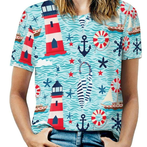 Nautical Lighthouse Pattern T Shirts Basic T-Shirt Short Sleeve Ladies Tee Shirt Summer Graphic Clothing
