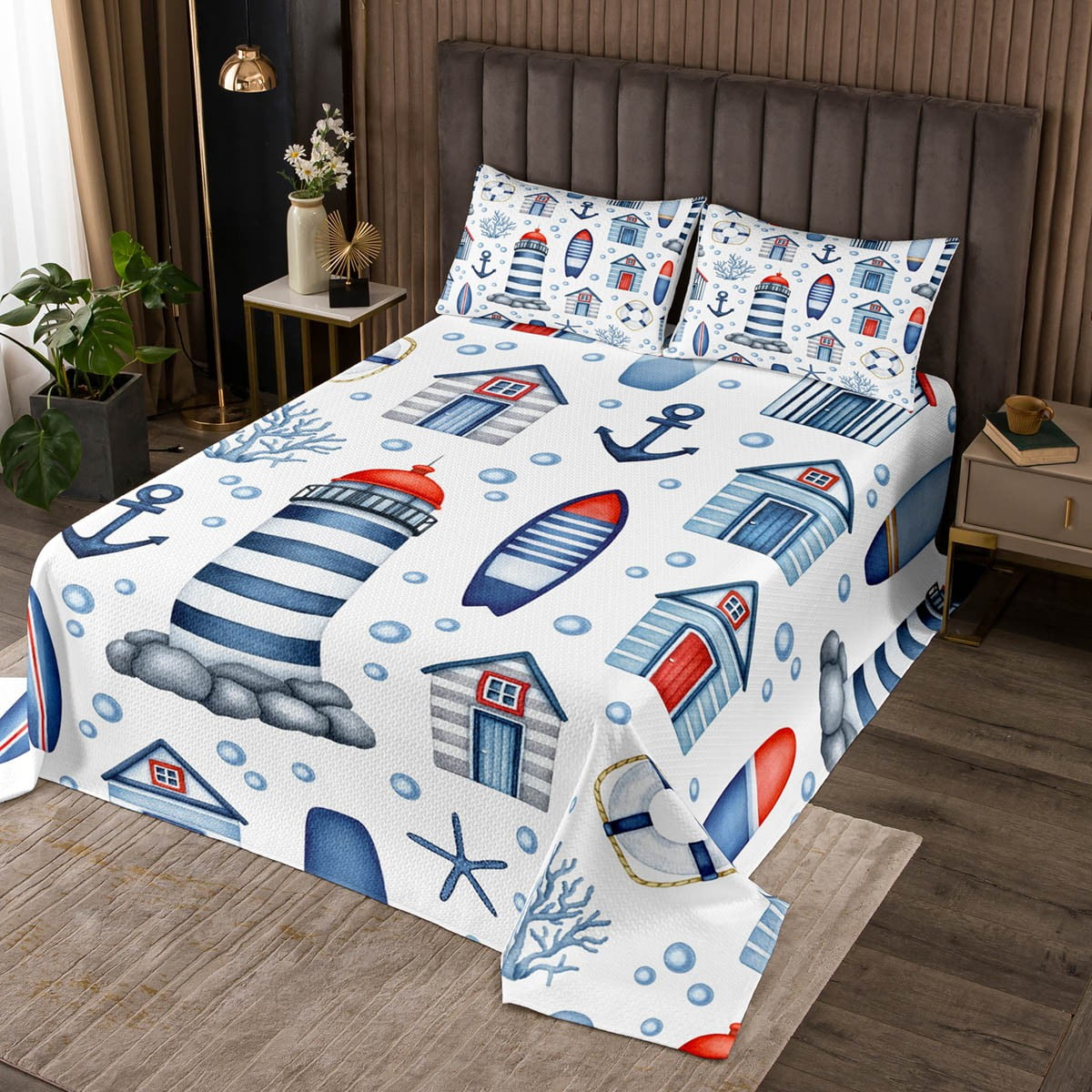 Nautical Lighthouse Queen Bedspread Set for Boys,Lake House Coverlet
