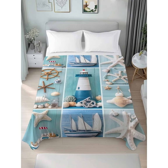 Nautical Lighthouse Queen Size Flat Sheet, Wrinkleproof & Fadeproof Cooling Flat Bed Sheet Only, Ocean Starfish Anchor Sailboat Shell Breathable Soft Bedding Top Sheets 90 x 102 Inches