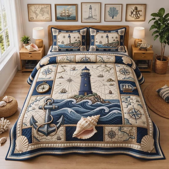 Nautical Lighthouse Quilted 3-Piece Bedding Set, Coastal Bedspread