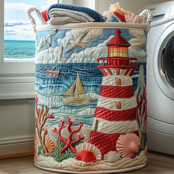 Nautical Lighthouse Quilted Laundry Basket, Storage Bin Laundry Basket Fabric, House Storage Hamper, Mother Day's Gift Ideas