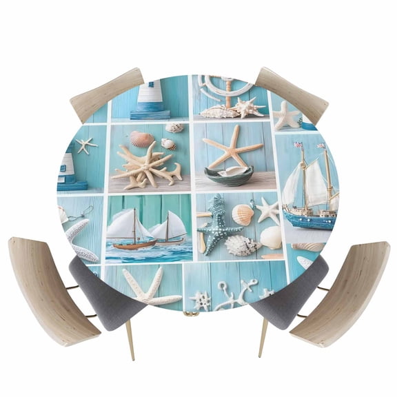 Nautical Lighthouse Rudder Starfish Fitted Round Tablecloths Elastic Edged Table Covers 45"-54",Marine Life Shell Blue Wood Waterproof Dining Room Kitchen Table Cloth for Holiday Party Tables Decor