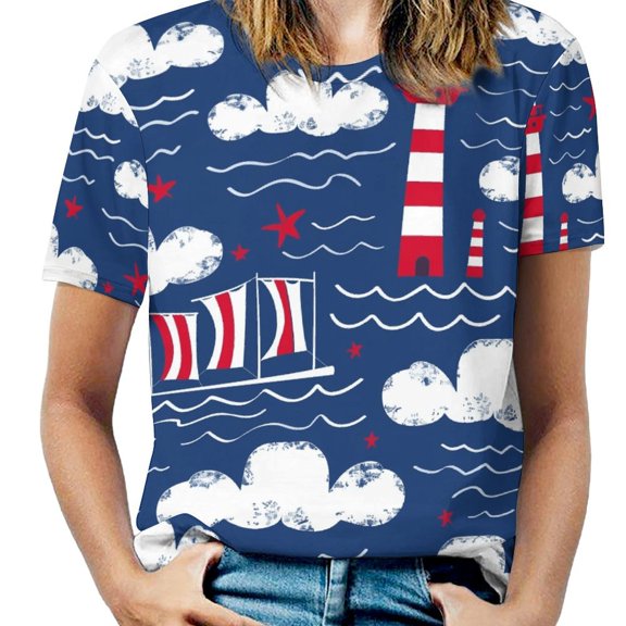Nautical Lighthouse Sail Women's T-Shirt Short Sleeve T Shirts Tops Tee Ladies Loose T