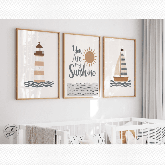 Nautical Lighthouse Sailboat Ocean Nursery Coastal Poster Set 3 Prints Set 3 , Poster Only