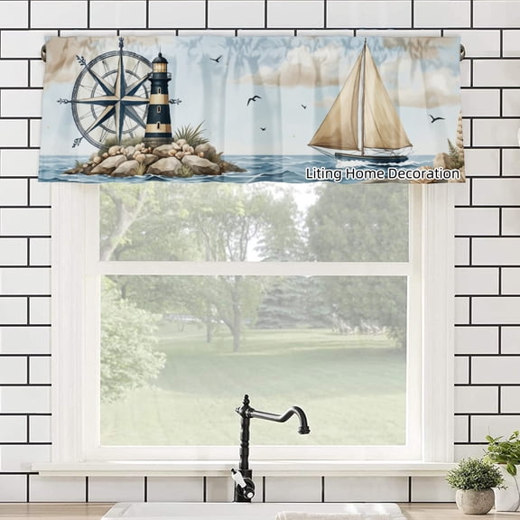 Nautical Lighthouse And Sailboat Rod Pocket Polyester kitchen Curtain Valances for Windows For Indoor Living Room Bedroom Kitchen Decoration 54x18 inch