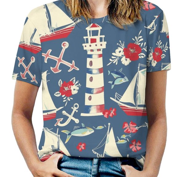 Nautical Lighthouse Sailboats(1)-3 Women's Short Sleeve Tops Casual Blouses T Shirt