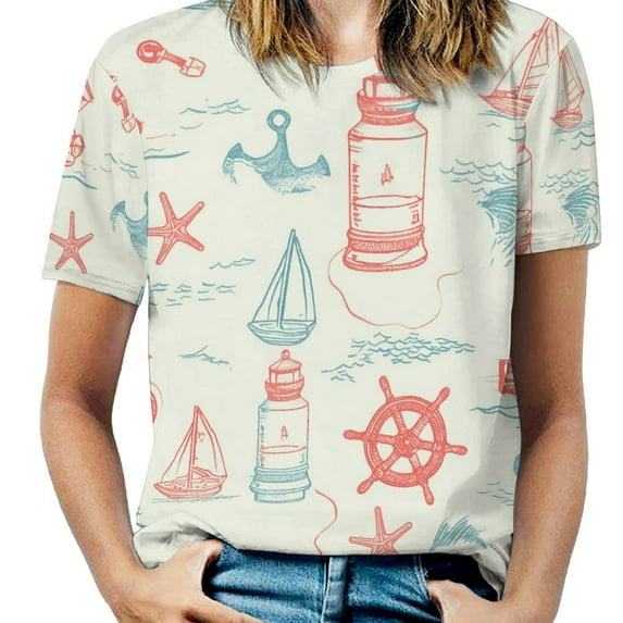 Nautical Lighthouse Sailboats(1)-4 Women's Short Sleeve Tops Casual Blouses T Shirt