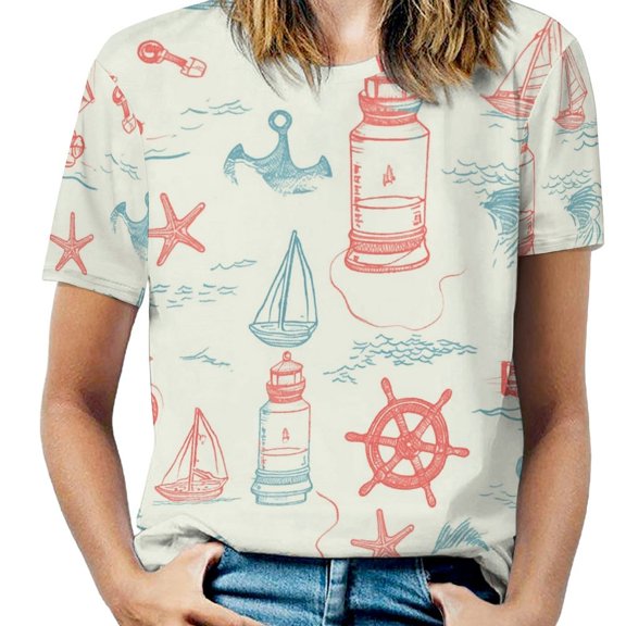 Nautical Lighthouse Sailboats(1)-4 Womens Tops Women's Fashion Casual Short Sleeve Flower Print Round Neck Pullover Top Blouse