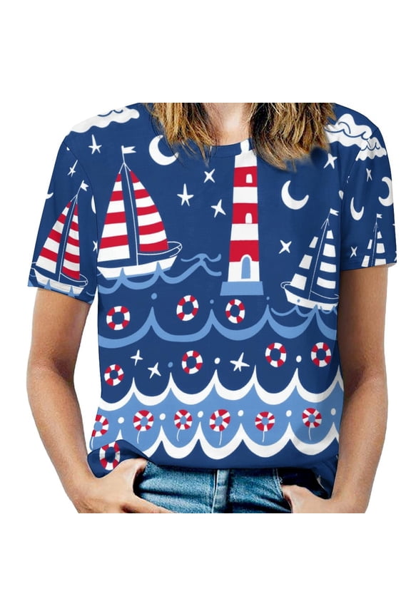 Nautical Lighthouse Sailboats(1)-6 T Shirts Basic T-Shirt Short Sleeve Ladies Tee Shirt Summer Graphic Clothing