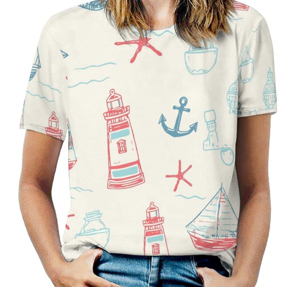 Nautical Lighthouse Sailboats-4 Womens Tops Women's Fashion Casual Short Sleeve Flower Print Round Neck Pullover Top Blouse