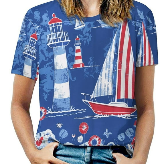 Nautical Lighthouse Sailboats-5 Women's Short Sleeve Tops Casual Blouses T Shirt