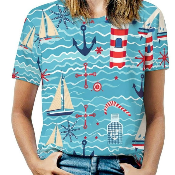 Nautical Lighthouse Sailboats Women's Short Sleeve T-Shirt Crew Neck Casual Summer Trendy Loose Fit Tops
