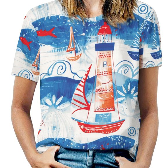Nautical Lighthouse Sailboats Women's Short Sleeve Tops Casual Blouses T Shirt