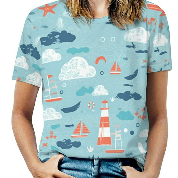 Nautical Lighthouse Sailboats Womens Tops Women's Fashion Casual Short Sleeve Flower Print Round Neck Pullover Top Blouse