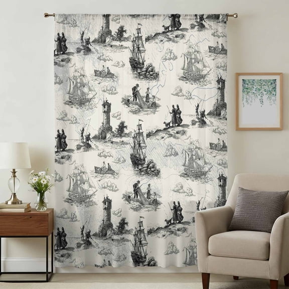Nautical Lighthouse Sheer Curtains 108" Extra Long for Living Room, Farmhouse Retro Ocean Ship Map Light Filtering Privacy Drapes, Breathable Semi Sheer Window Treatment for Floor to Ceiling Window