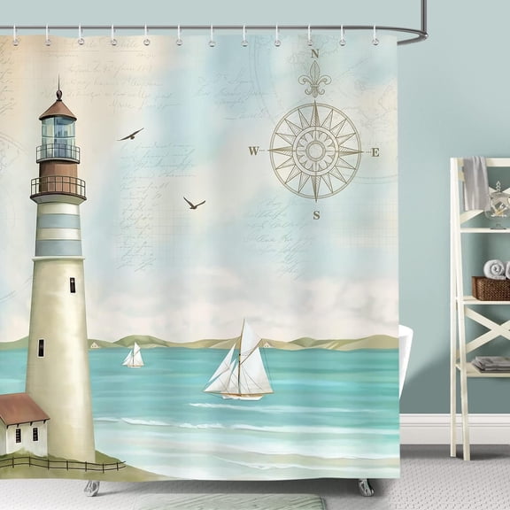 Nautical Lighthouse Shower Curtain 72 x 72 Inch Sailboat Coastal Blue Decorative Bath Curtain Polyester Fabric Waterproof Bathroom Curtain with 12 Hooks