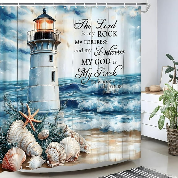 Nautical Lighthouse Shower Curtain Beach Coastal Summer Ocean Sea Wave Starfish Seashell Bible Verse Vintage Tropical Seascape Fabric Bathroom Decor Curtain Sets with Hooks (72" Wx72H)