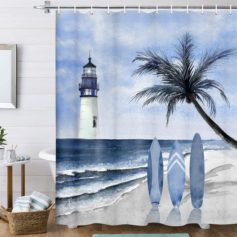Nautical Lighthouse Shower Curtain, Beach Sand Tropical Palm Trees ...