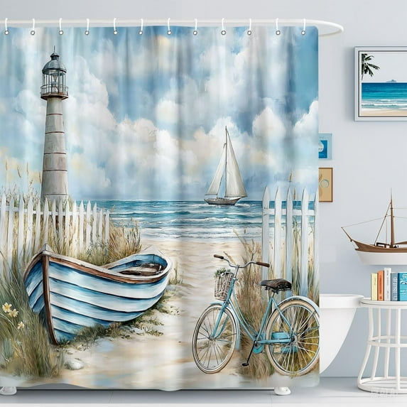 Nautical Lighthouse Shower Curtain Coastal Beach Decor, Seasides Sailboat Bicycle Seascape Ocean Abstract Blue Teal with Hook-72"W x 96"L (Pack of 1)