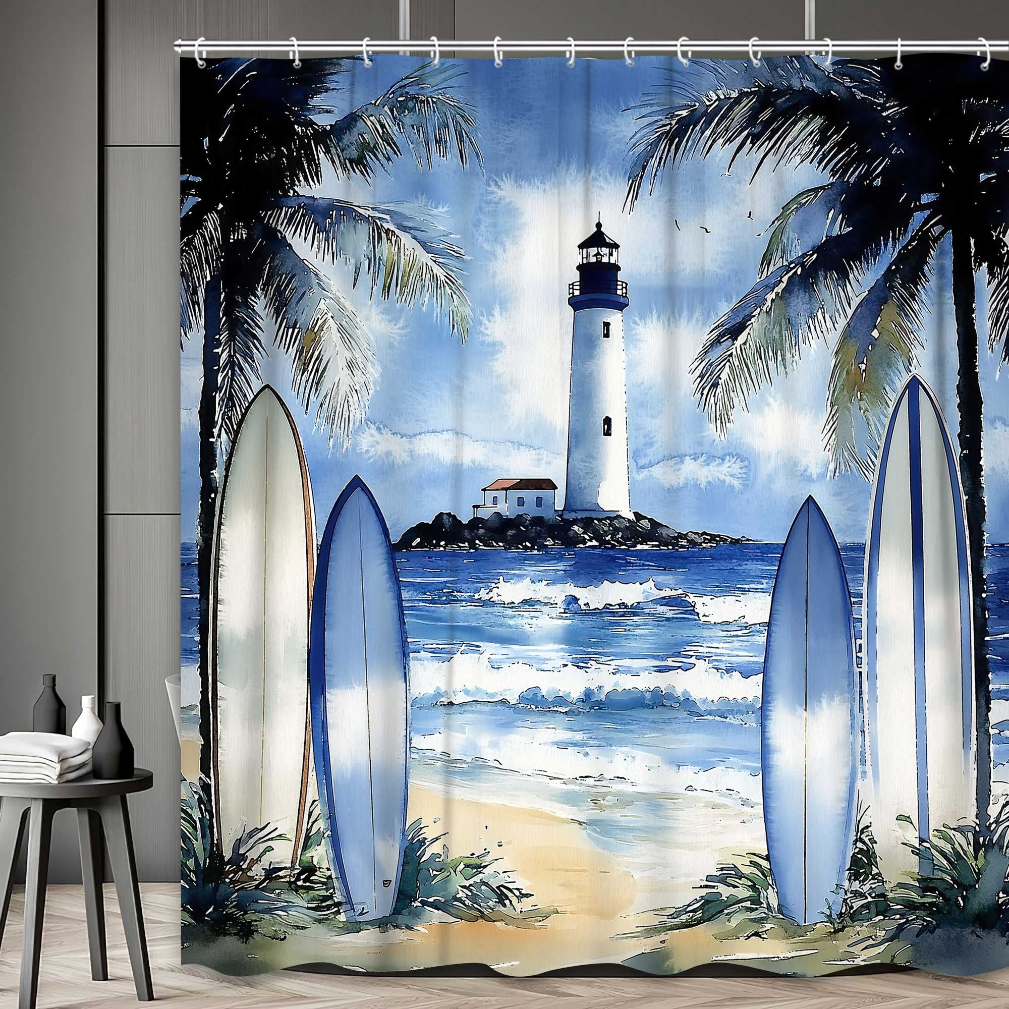 Nautical Lighthouse Shower Curtain, Ocean Beach Coastal Shower Curtain Set, Summer Surfboard Seasides Sailboat Blue Decor Shower Curtain for Bathroom Accessories with Hook, 72X72in