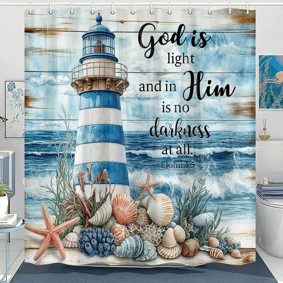 Nautical Lighthouse Shower Curtain for bathroom, Blue Ocean Coastal Beach Bible Verse Scripture Shower Curtains Set, Vintage Rustic Wood Sea Starfish Seashells Fabric Decor Bathtub with Hooks,69X70IN