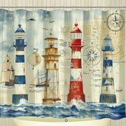 Nautical Lighthouse Shower Curtain with Watercolor Illustrations Vintage & Modern Light Towers Ships Waves Blue White Red Yellow