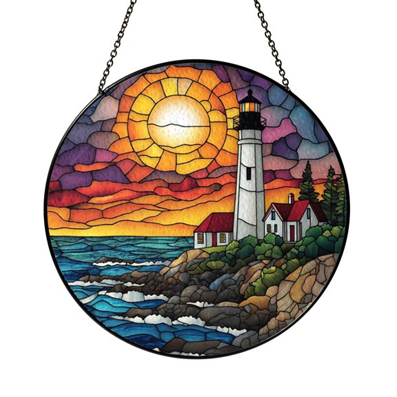 Nautical Lighthouse Stained Glass Style Suncatcher Panel, Decorative Window Hanging Art