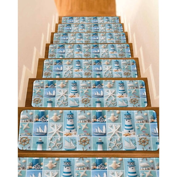 Nautical Lighthouse Stair Treads for Wooden Steps Indoor Runner Rug Carpet, Ocean Starfish Anchor Sailboat Shell 7 Pieces Peel and Stick Staircase Step Treads Covers Washable Throw Door Mats, 30"x8"