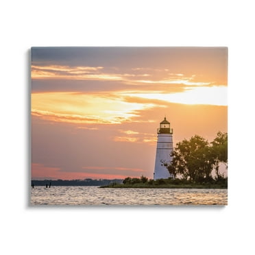 Nautical Lighthouse Sunset Horizon Coastal Photograph Gallery Wrapped Canvas Print Wall Art