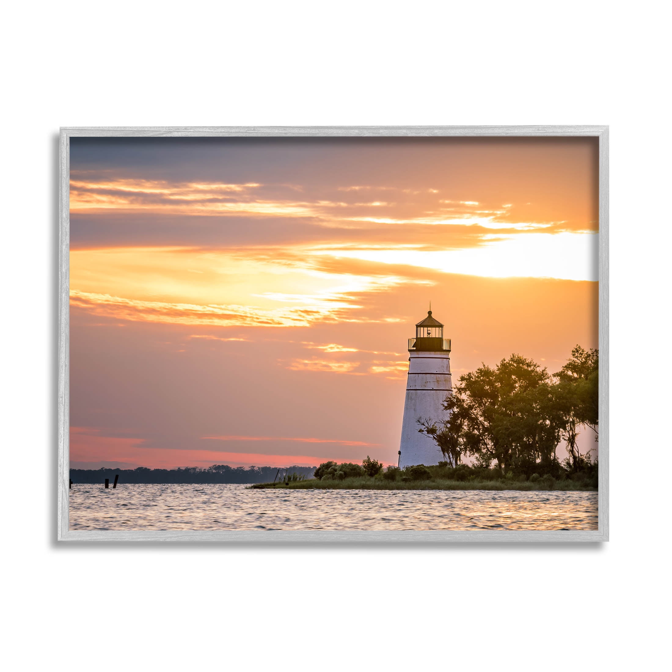 Nautical Lighthouse Sunset Horizon Coastal Photograph Gray Framed Art Print Wall Art