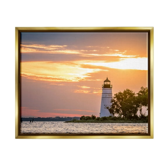Nautical Lighthouse Sunset Horizon Coastal Photograph Metallic Gold Framed Art Print Wall Art